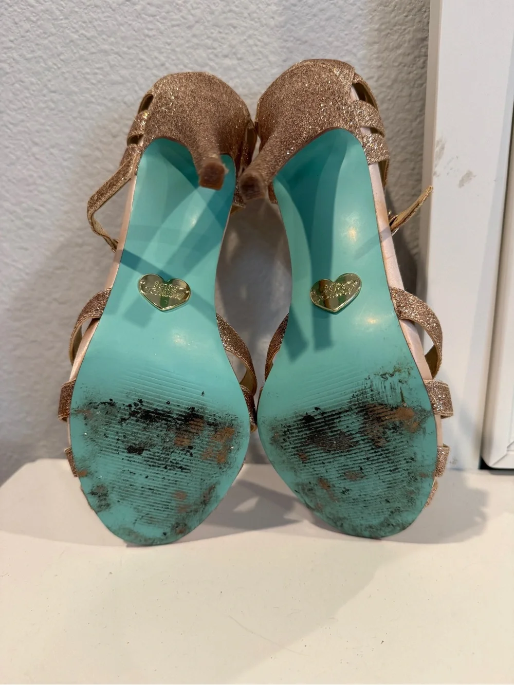 Betsey Johnson Rose Gold Glitter Strappy Heels
